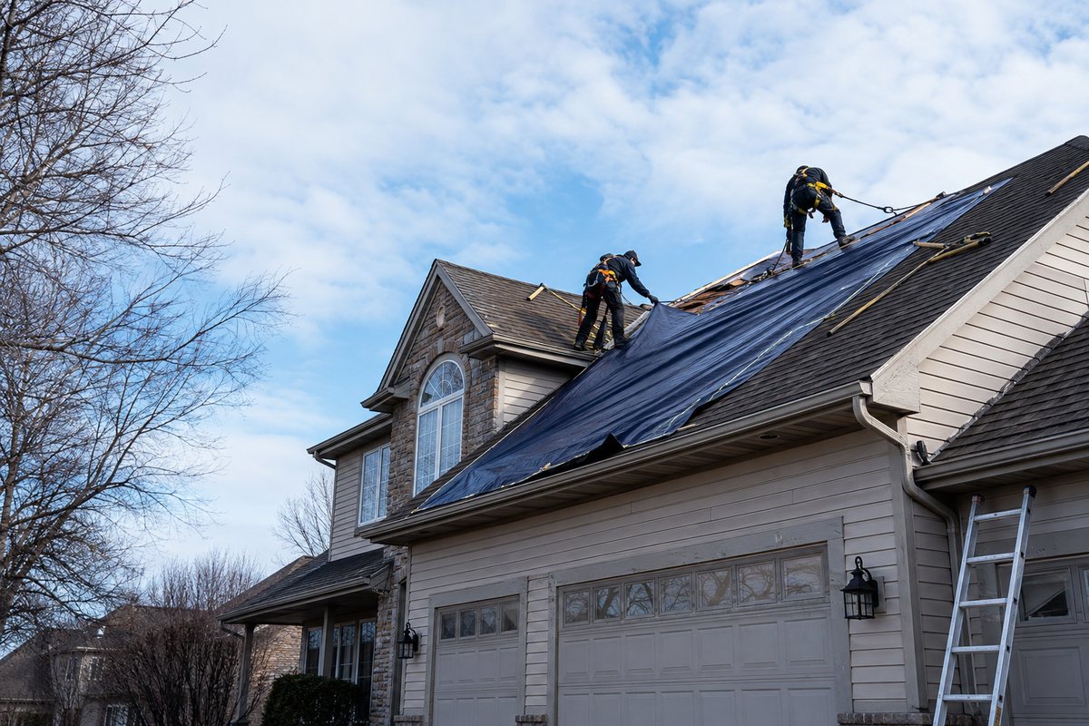 Protective covering being fitted over a damaged section of a steep residential roof